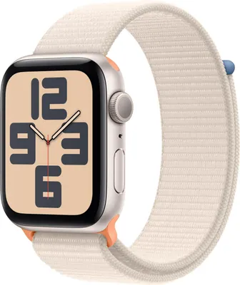 A close-up shot of an Apple Watch SE with a Galaxy Sport Loop band.