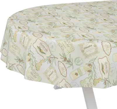Produktbild von Tischdecke Landhaus Oliven Pastelgrün Oval 160x140cm Schnittkante Wachstuch abwaschbar