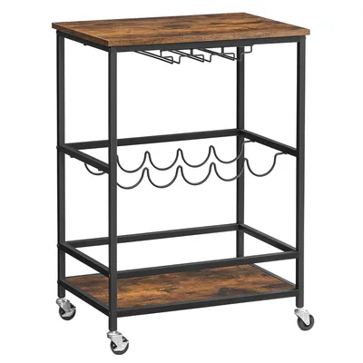 A vintage-style bar cart with a wooden top and shelves, black metal frame, wine glass rack, and bottle holder, shown on a white background.