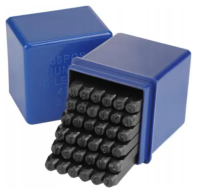 A set of metal letter and number stamps in a blue plastic case.