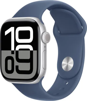A close-up studio shot of an Apple Watch with a blue band.