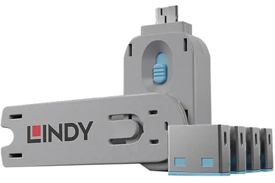 Produktbild von Lindy 40452, Schnittstellenblockierung + Schlüssel, USB Typ-A, Blau, Acrylnitril-Butadien-Styrol (ABS), 5 Stück(e), Polybag