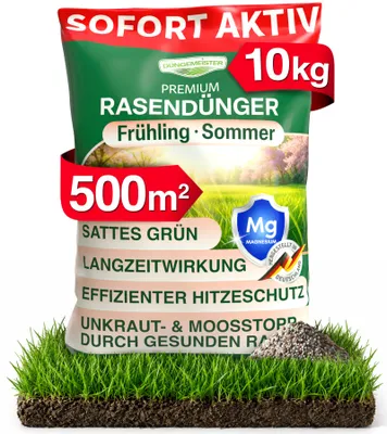 Produktbild von DÜNGEMEISTER Rasendünger für Ihren sattgrünsten Traumrasen - gesunder, dichter und sattgrüner Rasen sofort mit revolutionärer KI Formel - Langzeit NPK/Organisch Frühjahr/Sommer (10 kg), KI-generiertes Bild