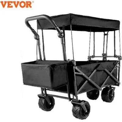 Produktbild von Famanu Bollerwagen -  große schwarze Bollerwagen - Faltbar mit Luftreifen - Gartenwagen für Kindertransport - Strandwagen mit Dach - 100 kg