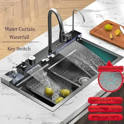 Obrázek produktu pro Kuchyňská baterie – Dřez – Digitální směšovací baterie – Dávkovač mýdla – Nerezová ocel 304 – 75 x 46 cm