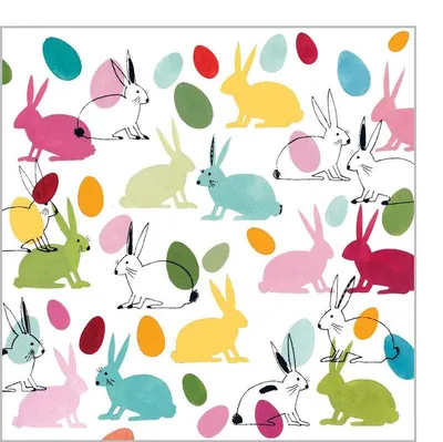 Produktbild von 20 kleine Cocktailservietten Rabbits & Eggs - Bunte Hasen und Ostereier 25x25cm
