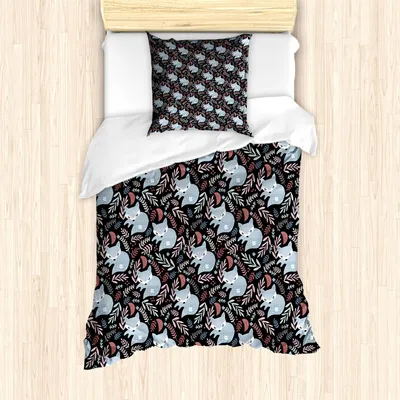 Produktbild von ABAKUHAUS Fuchs Bettbezug Set, Kontinuierliche Muster mit kreativen belaubten Zweigen und Schlafen Tier, 135 x 200 cm + 80 x 80 cm, Koksgraue Mehrfarbig