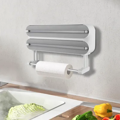 Obrázek produktu pro Dávkovač fólie 3 v 1 – hliníková fólie a potravinářská fólie – montáž na zeď – magnetický držák na kuchyňské role – pro role ≤31 cm – světle šedý