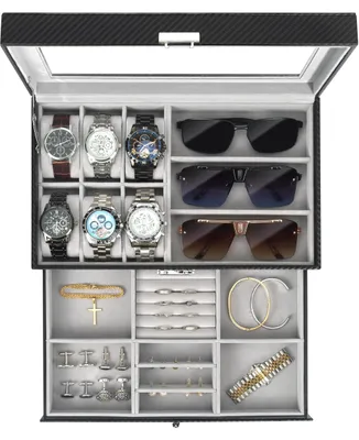 Productafbeelding van Omgoods - Horloge-sieradendoos met Glazen Deksel, 6 Sleuven en 2 Lagen