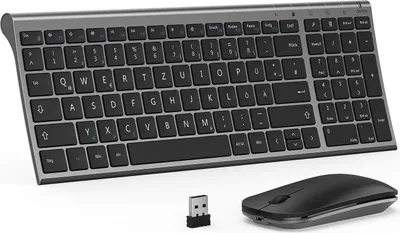 Produktbild von Tastatur Maus Set Kabellos, beide Wiederaufladbar, Ultra-Dünne 2.4G USB Funktastatur mit Funkmaus, Aluminium Slim , QWERTZ DE Layout für Win PC/Laptop