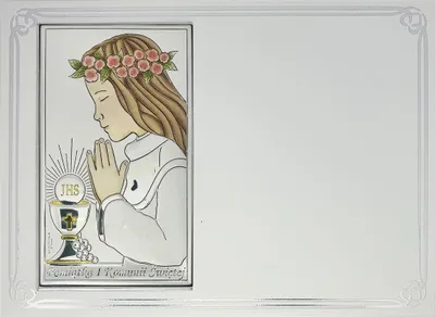 Obrázok produktu pre Obrázok na prvé sväté prijímanie, strieborný s gravírovaním, spomienka na prvé sväté prijímanie pre dievča, farebný | Rozmer: 13x18 cm | Číslo položky: VL833/4COL
