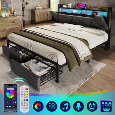Produktbild von Polsterbett 160x 200 mit USB Typ C Ladefunktion Stauraum-Kopfteil und LED-Beleuchtung und Schubladen, Doppelbett Stauraumbetten Bettgestell