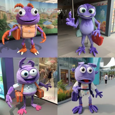 Productafbeelding van Lavendelkrab mascotte REDBROKOLY kostuum karakter gekleed met een bermudabroek en portefeuilles