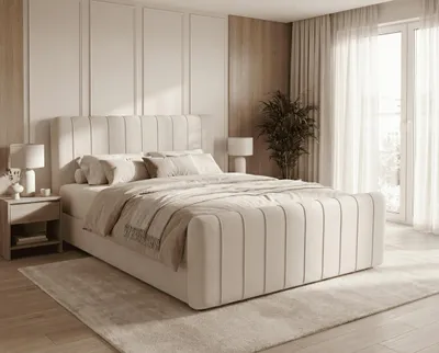 Obrázek produktu pro Postel s pružinovou základnou 180x200 Porto Bis s matrací H3, vrchní matrace a úložným prostorem - moderní styl, béžová barva, Obrázek vytvořený pomocí AI