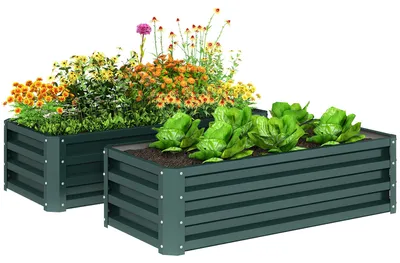 Obrázok produktu pre Sada 2 ks kovových záhonov, otvorené dno, pre záhradu a balkón, 110 x 50 x 30 cm, zelená farba
