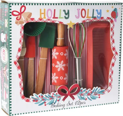 A baking set for children is displayed in its packaging, featuring festive Christmas-themed decorations.
