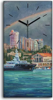 Produktbild von Dekor Leinwand Uhr Wandbilder Geräuschlos 30x60 Gemälde Hafen schiffe Regenbogen - schwarze Hände