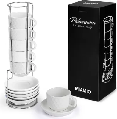 Produktbild von MIAMIO - 6 x 75 ml Espresso Tassen / Espressotassen Set mit Ständer Weiß