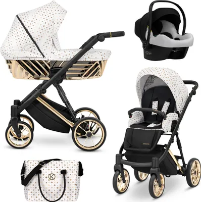 Produktbild von Kinderwagen IVENTO GLAM Sportwagen Babywagen Babyschale Komplettset Kinder Wagen Autositz Set 3 in 1 (white style, Rahmenfarbe: Gold)