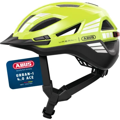 Produktbild von ABUS Stadthelm Urban-I 4.0 ACE - Fahrradhelm mit aufladbarem Rücklicht, 4 Leuchtmodi, Schirm, Zopf-Öffnung und magnetischem Verschluss - für Jugendliche, Frauen und Männer - Größe M, gelb
