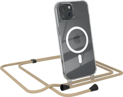 Produktbild von EAZY CASE - Handykette kompatibel mit Apple iPhone 15 Kette zum Umhängen Stoßfest Handyhülle für Apple iPhone 15 Silikon Hülle mit Band Handytasche Transparent als Fallschutz in Taupe - Clips Schwarz