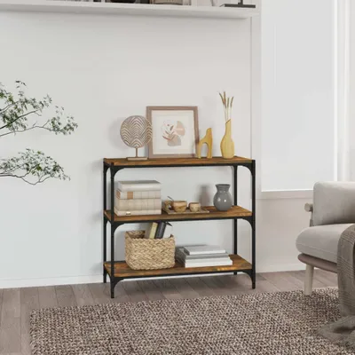 A bookshelf with decorative items and books in a room setting.