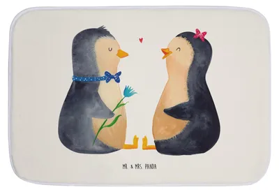 Produktbild von Mr. & Mrs. Panda Badezimmerteppich Pinguin Pärchen - Weiß - Geschenk, Liebe, Badvorleger, Hochzeit, Badteppich, Hochzeitsgeschenk, Verknallt, Badematte, duschmatte