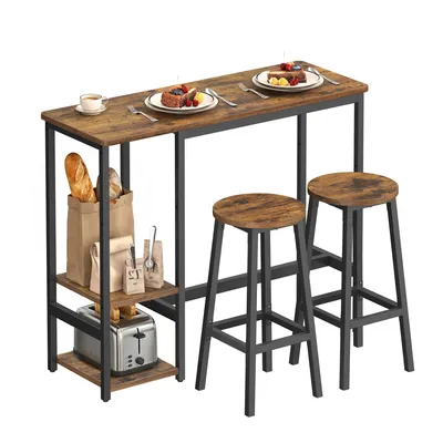 Produktbild von VASAGLE Bartisch-Set mit Regal, Essgruppe mit 2 Hockern, Metallgestell, für Küche oder Wohnzimmer, braun-schwarz