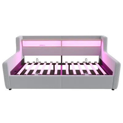 Produktbild von Flieks Schlafsofa Tagesbett 90x200cm mit Stauraum, Polsterbett Jugendbett mit Led, Sofabett Einzelbett mit Ladefunktion, Samt, Hellgrau
