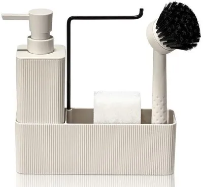 Immagine prodotto di Organizzatore per stoviglie - Beige - Dispenser per detersivo con spazzola e spugna - Per la cucina