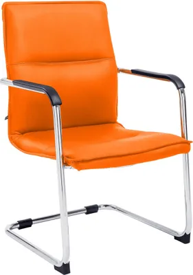 An orange cantilever chair with black armrests and chrome legs, presented against a white background.