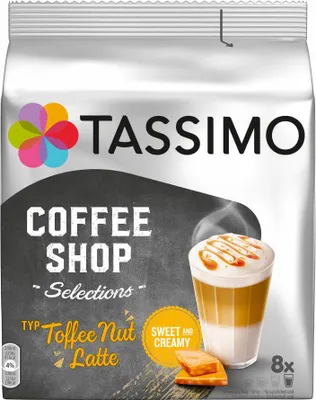 The image shows the front packaging of Tassimo Coffee Shop Selections 'Toffee Nut Latte' coffee pods.