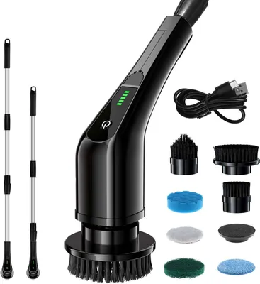 Produktbild von Elektrische Reinigungsbürste,Schnurloser Spin Scrubber mit 7 Austauschbare Bürstenköpfe und Verstellbaren Teleskopstange,für Ecken,Toilette,Küche,Auto, schwarz