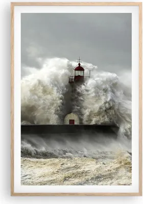 Produktbild von Gerahmtes Poster - Rahmen in heller Eiche - Leuchtturm Ozean Sturm - 61x91,5 cm - Wand Bild - Wanddeko - Wandbilder - Wandposter - Bilderrahmen - Bilder - Kunstdruck - Wandbild - P2NPA61x91-2442