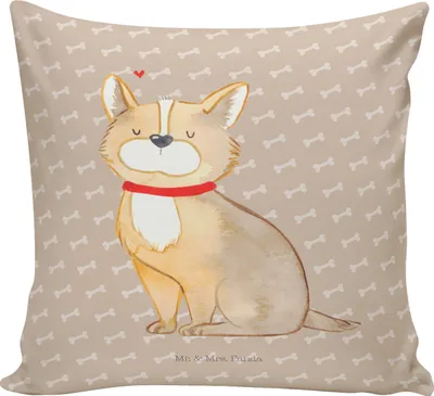 Produktbild von Mr. & Mrs. Panda Deko Kissen Hund Glück - Hundeglück - Geschenk, Zierkissen, Kleines, Sprüche, Dekokissen, Herz, Liebe, Spruch, Corgie, kuschelkissen 40x40, Sofakissen