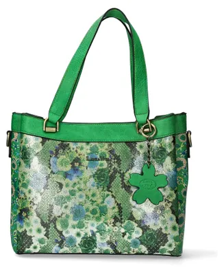 Produktbild von Laura Vita Damen Shopper mit floralem Muster und Blumenanhänger Aurea 05, Farbe:Grün