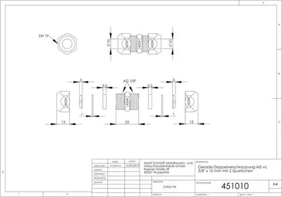 Produktbild von Universal Doppelverschraubung 451010 Messing verchromt, 3/8"x10mm, gerade, mit 2 Quetschen