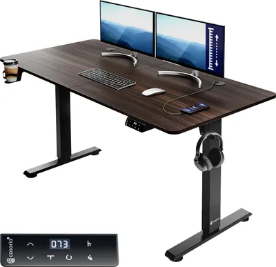 Image de Casaria Bureau réglable en hauteur électrique Brun 140cm bureau assis debout écran LCD support accessoires télétravail