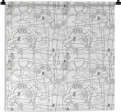 Produktbild von MuchoWow® Wandteppich Wandbehang Fische - Muster - Schwarz und Weiß 120x120 cm Tapisserie Dekoration Wandtuch - Modern - Baumwollgewebe