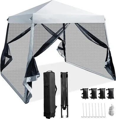 Produktbild von 3 x 3m Pop-up-Pavillon mit Moskitonetz & 3 Verstellbaren Höhen, Gartenpavillon mit Metallrahmen, Abnehmbaren Seitenteilen & Tragetasche, Partyzelt mit UV-Schutz für Festival, Party (Grau)