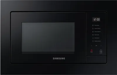A black Samsung built-in microwave oven is shown from the front.