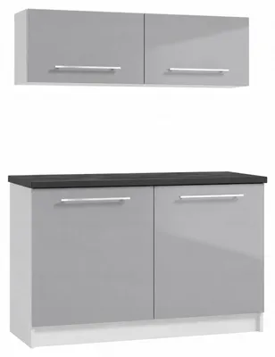 Zdjęcie produktu dla Zestaw Szafek Kuchennych 120 cm Szary Połysk Stojące Wiszące Blat Czarny
