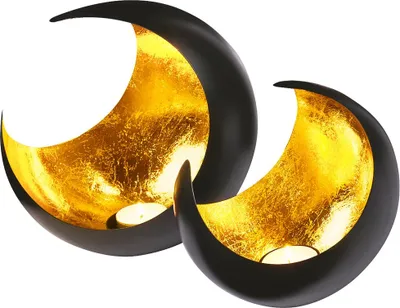 Produktbild von 2er Set Moderne Deko Kerzenhalter Teelichthalter Moon Groß 20cm Gold | Herbst Deko Windlicht Schwarz Außen Gold Innen | Orientalische Windlichter Kerzenständer aus Metall als Ramadan Dekoration
