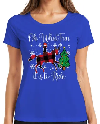 Produktbild von Oh What Fun Tis To Ride Weihnachten Pferd Rentier Buffalo Plaid Damen T-Shirt, Blau, XL