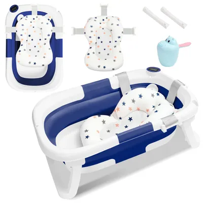 Productafbeelding van Vigevee Opvouwbaar babybad, 60,5 x 43 cm, met badmat, shampoo-beker en temperatuurindicator, geschikt voor baby's van 0-12 maanden, blauw