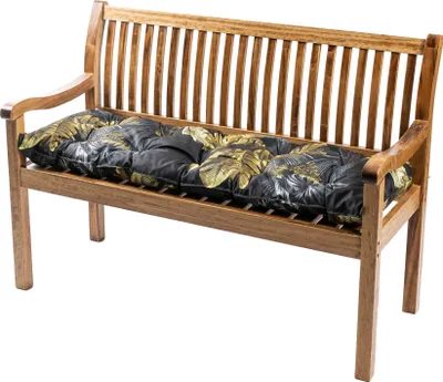 A wooden garden bench with a patterned cushion.