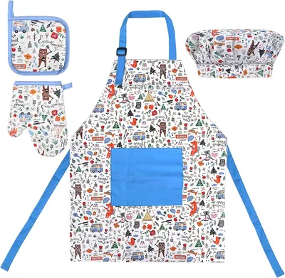 Produktbild von Kochschürze für Kinder, verstellbare Kochschürze, Kochmütze, Kochhandschuhe, Küchenschürze, Malerschürze, Backset für Küche, zum Kochen und Backen