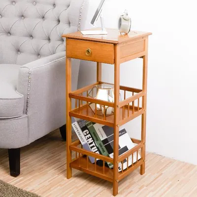 Produktbild von FATIVO Nachttisch aus Bambus mit Schublade und Ablage, Nachtschrank Beistelltisch Vintage, Sofatisch Blumentisch für Schlafzimmer Wohnzimmer
