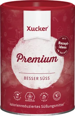 A product shot of a red can of Xucker Premium sweetener.