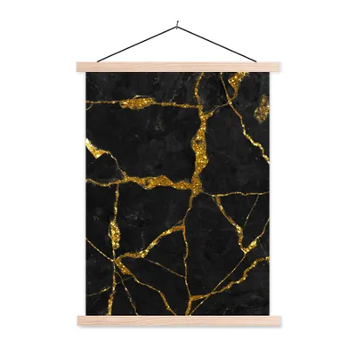 Produktbild von MuchoWow® Textilposter Marmor - Gold - Schwarz - Marmoroptik - Glitter 40x53 cm mit holzfarbenen Rahmen - Schlafzimmer
